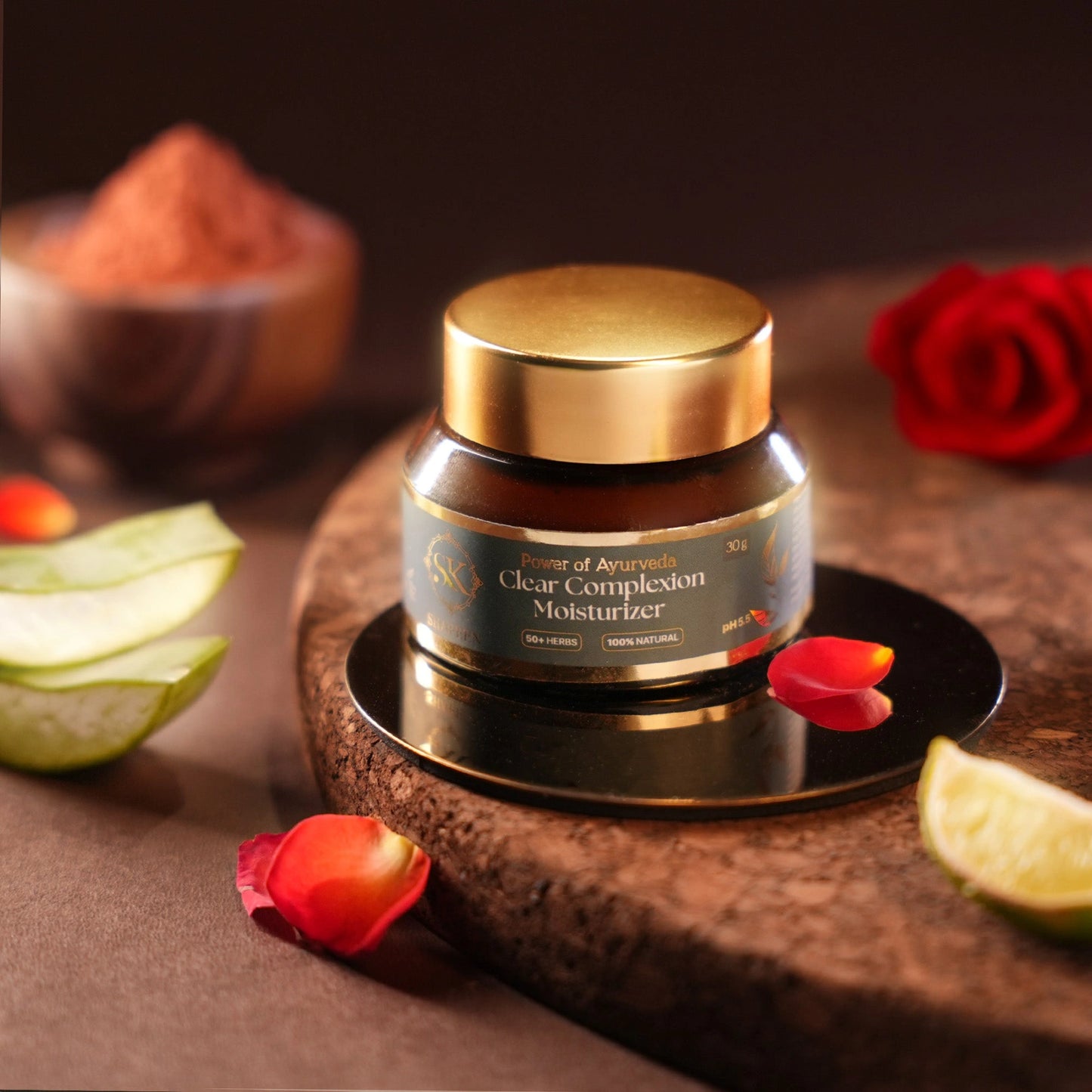 Clear Complexion Moisturizer on a dark surface with decorative elements.