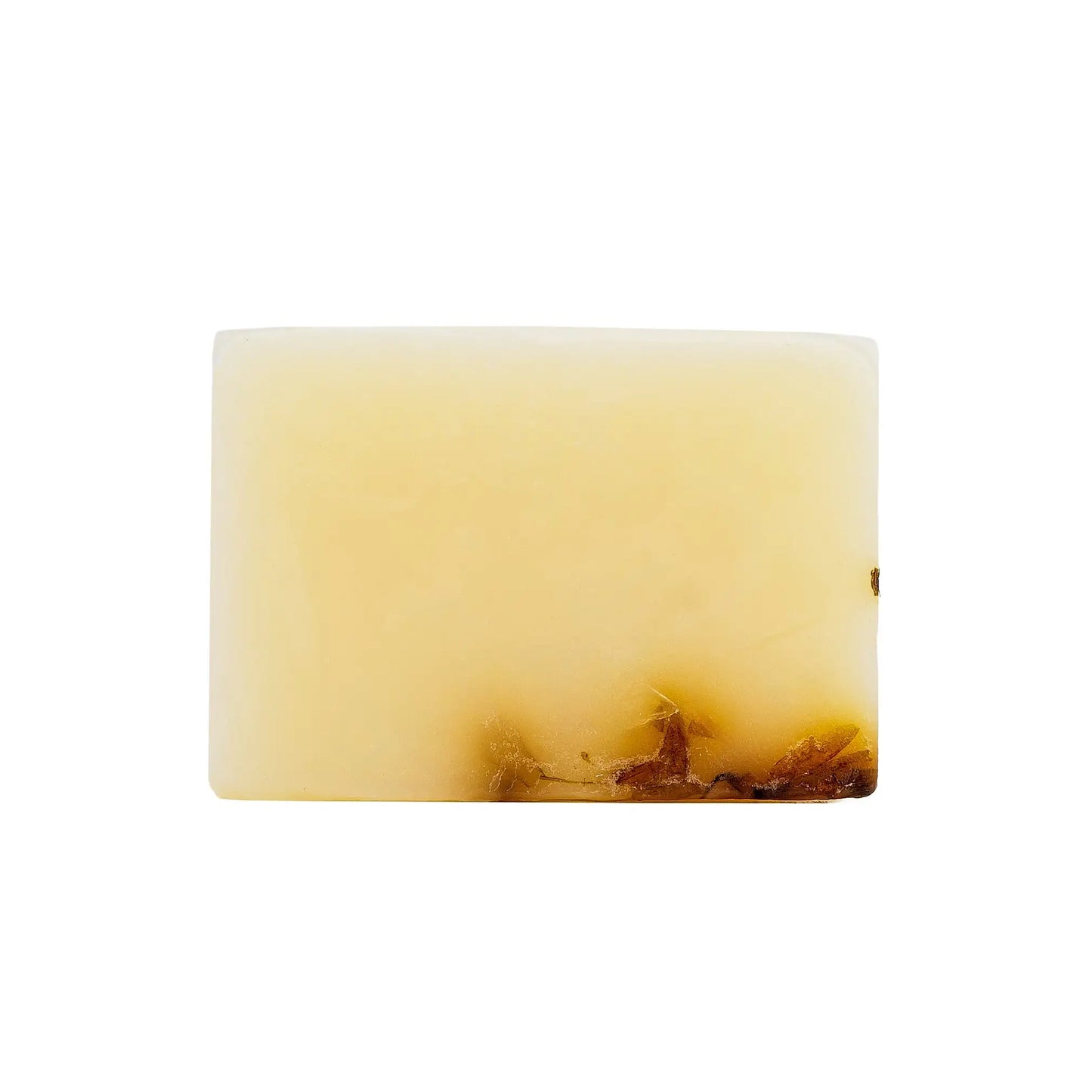 Rectangular handmade Ayurvedic bar soapwith natural herbal inculsions on a white background