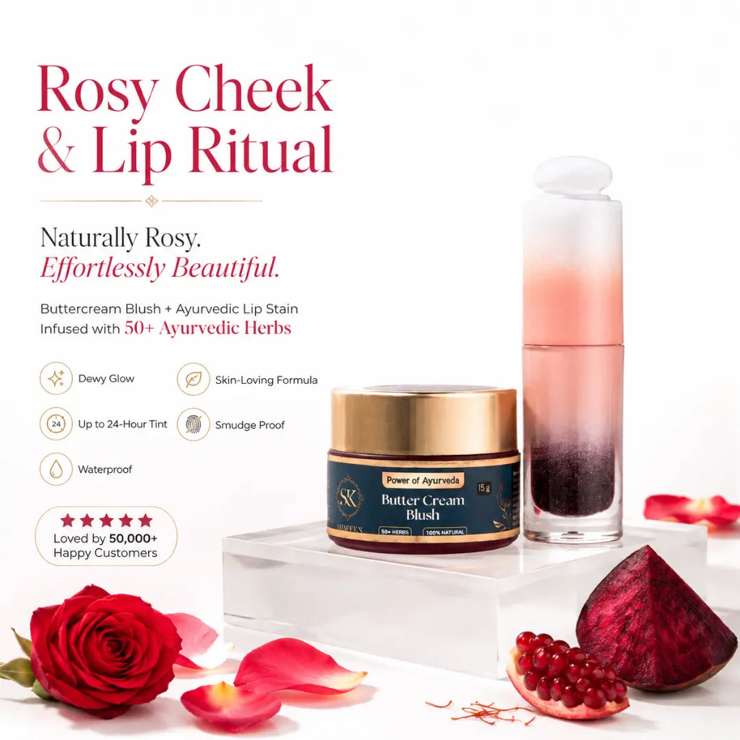 Power of Ayurveda Rosy Cheek & Lip Ritual set featuring a Butter Cream Blush jar with a gold lid and a matching lip stain bottle, styled with red roses, petals, and a pomegranate on a white background with descriptive text.