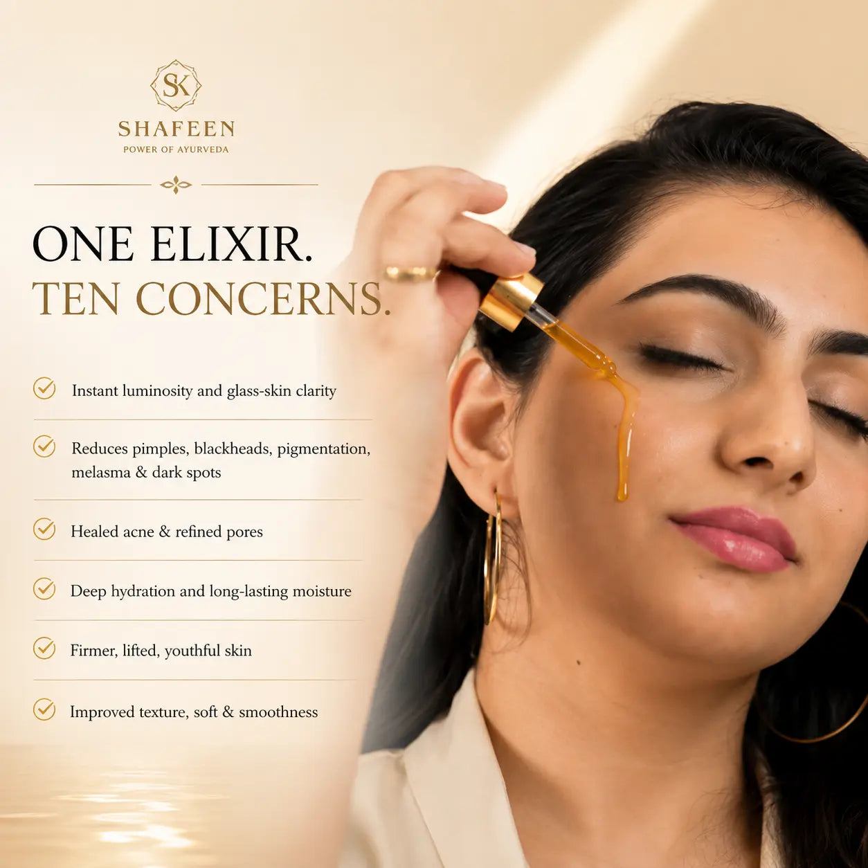 A woman with closed eyes applies a golden serum dropper from a gold cap bottle to her cheek, with text on the left listing ten skincare benefits. The brand name SHAFEEN is visible at the top left.