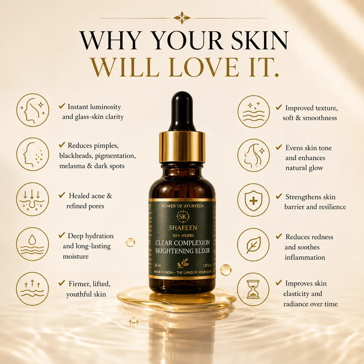 A bottle of Shafeen Skincare Clear Complexion Brightening Glow serum centered on a warm beige background with decorative text and benefit icons around it.