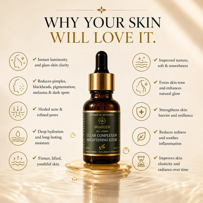 A bottle of Shafeen Skincare Clear Complexion Brightening Glow serum centered on a warm beige background with decorative text and benefit icons around it.