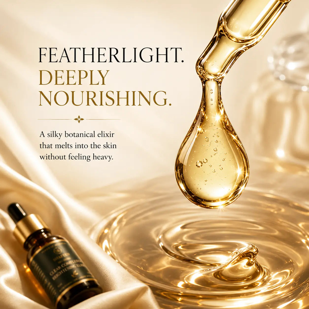 A golden skincare dropper hovers over a reflective pool of shimmering oil, with a small dark bottle resting on draped satin fabric. Text on the left reads, 'FEATHERLIGHT.