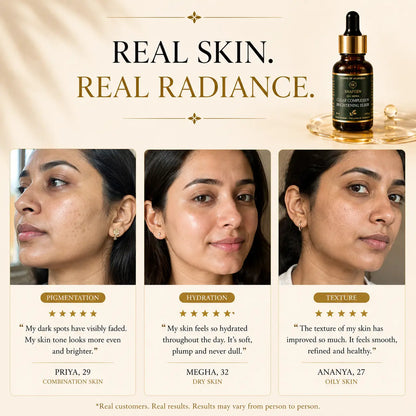 A skincare promotional graphic with the text 'REAL SKIN. REAL RADIANCE.