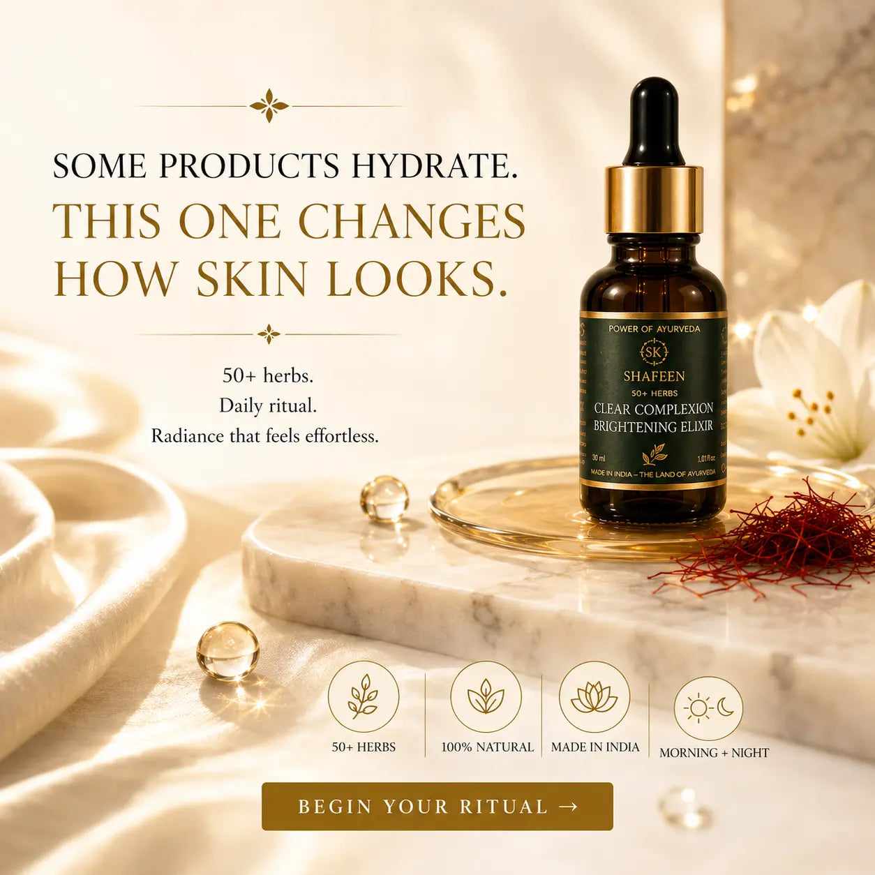 Power of Ayurveda Shafeen Clear Complexion Brightening Elixir dropper bottle displayed on a marble slab with decorative herbs and draped fabric, accompanied by promotional text and feature icons.
