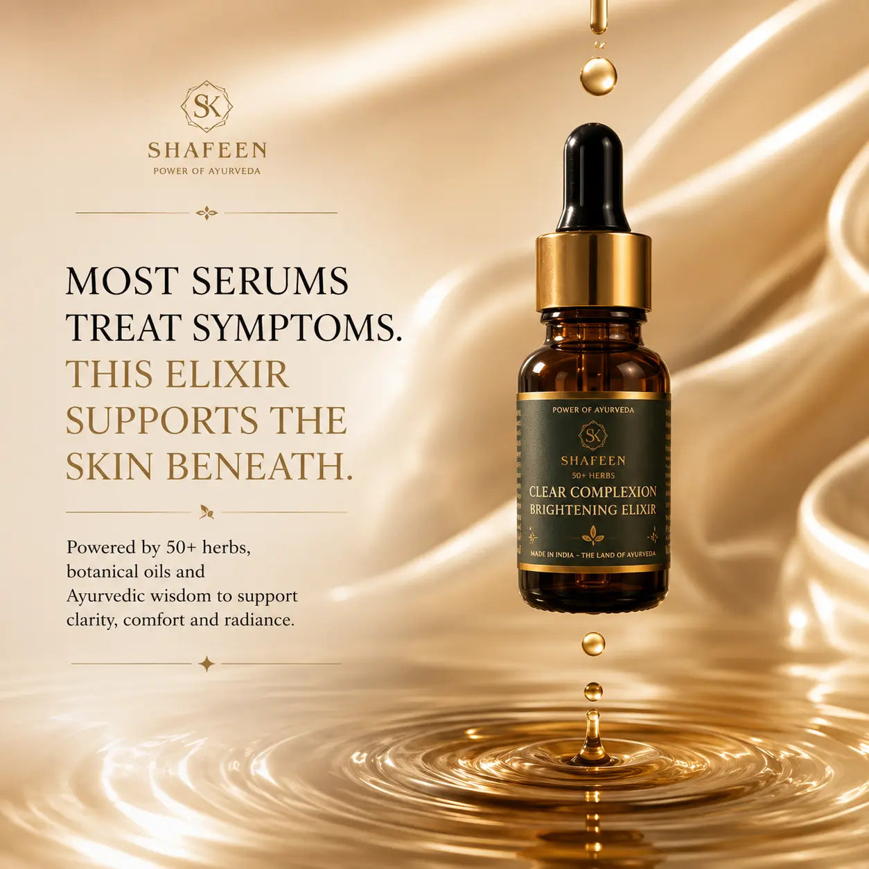 A bottle of Shafeen Clear Complexion Brightening Luxur serum floating over a gold liquid ripple, with promotional text on a draped gold background.