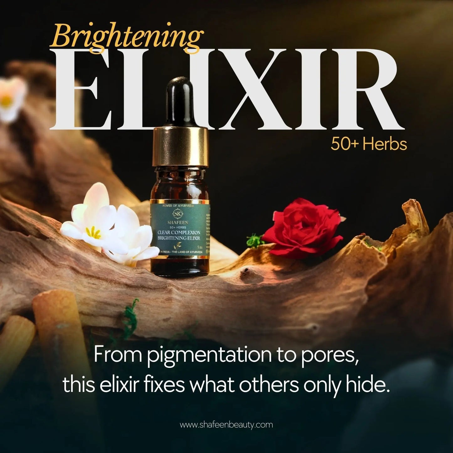A dark amber dropper bottle labeled 'Brightening ELIXIR' with a gold cap and green label, styled on a piece of driftwood with a white flower, a red rose, and text overlays reading 'Brightening Elixir' and '50+ Herbs'.