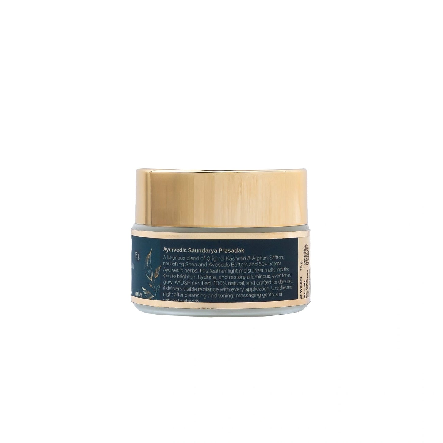 Clear complexion moisturizer jar with gold lid on a white background