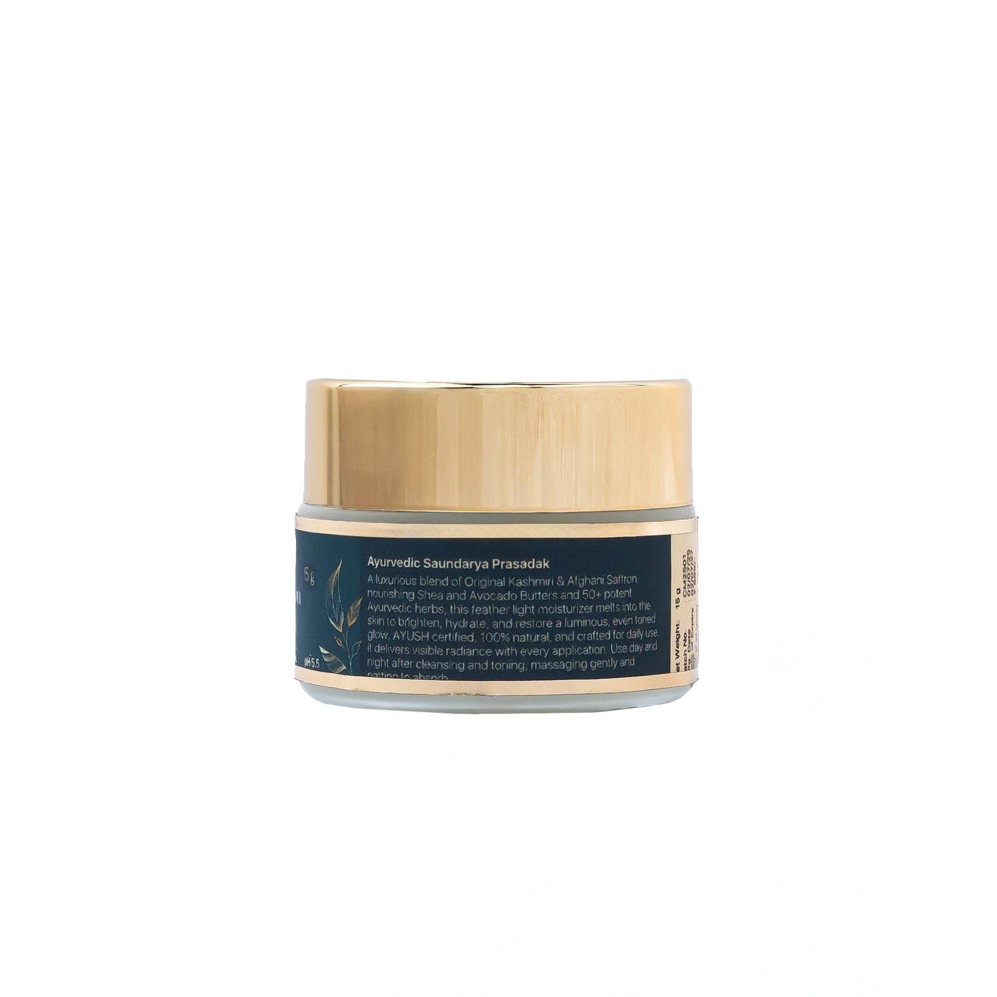 Clear complexion moisturizer jar with gold lid on a white background