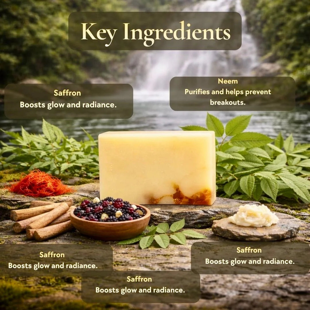 Ayurvedic natural bar soap with saffron and neem ingredients for acne prevention and glowing skin